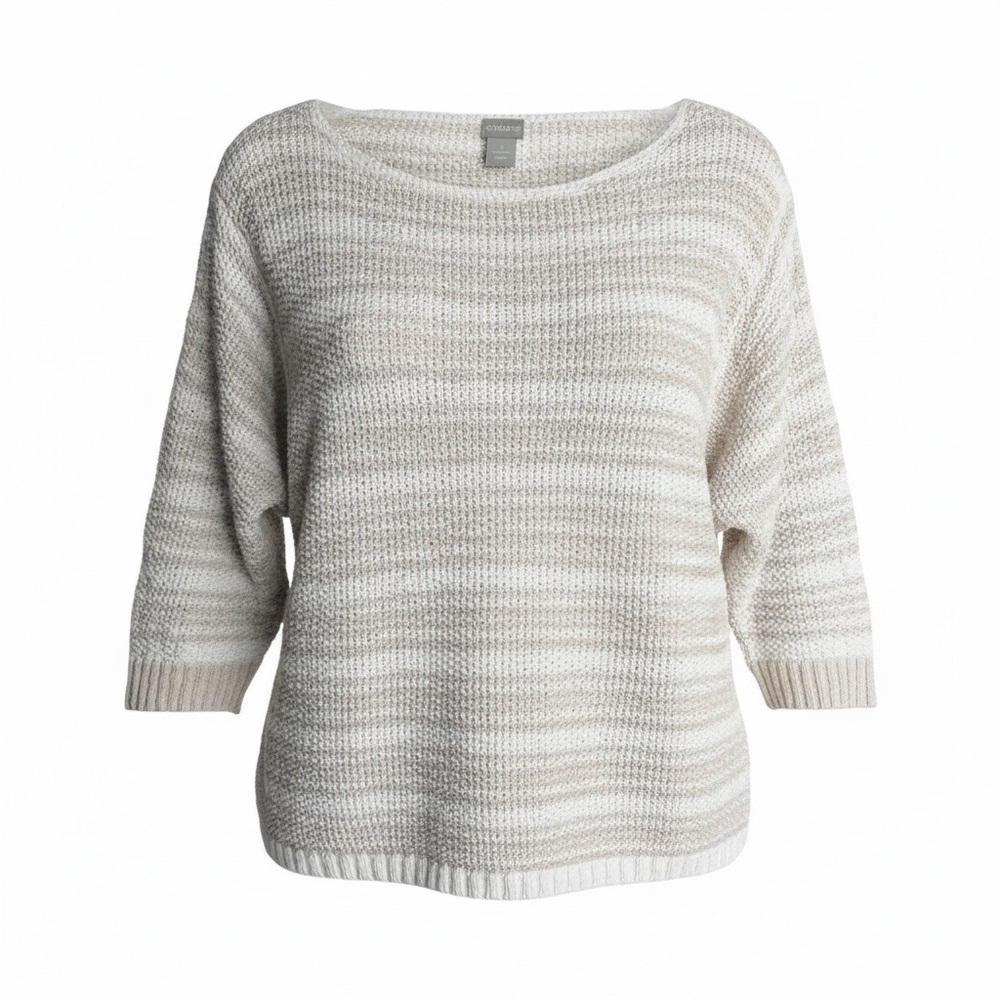 Chicos Dolman 3/4 Sleeve Pullover Sweater Cotton Linen White Beige Stripe Size 3